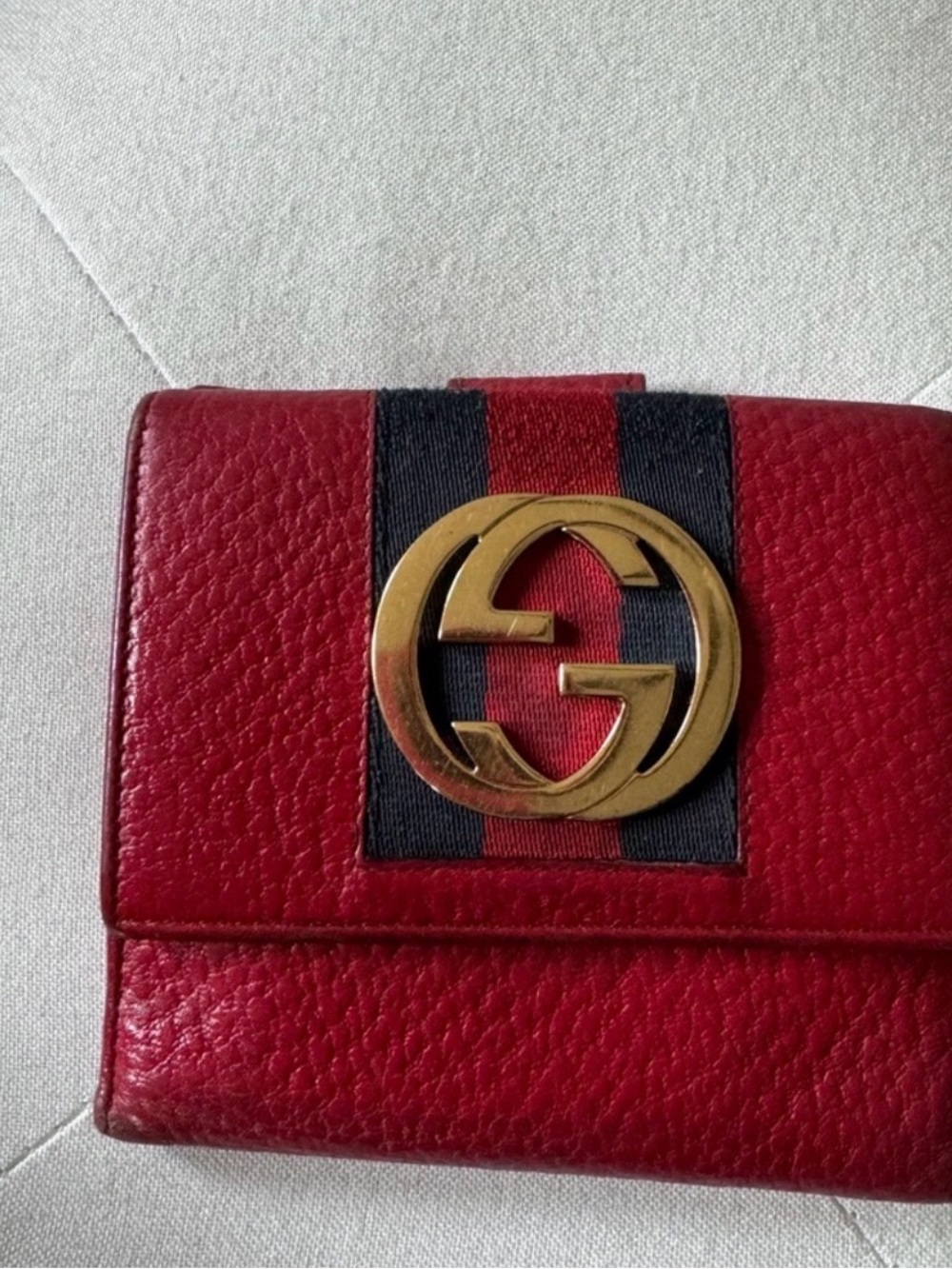 Gucci Red Leather Card Holder with Gold Double G and Navy-Red Web